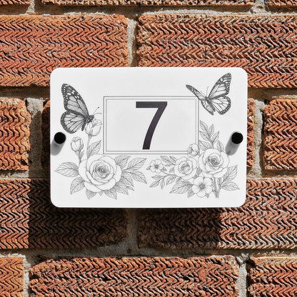 Butterfly & Rose Vine House Number Sign – Laser Engraved into White Acrylic - Installed on House Brick
