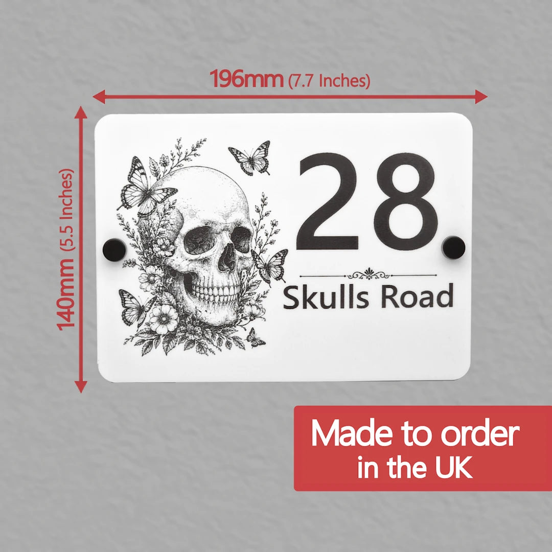 Dimensions of the personalised Skull & Butterfly house number sign measuring 196mm x 140mm.