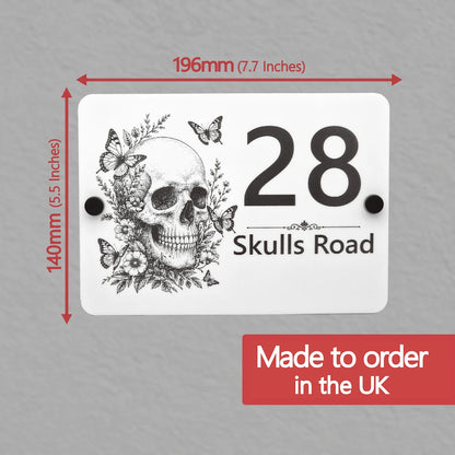 Dimensions of the personalised Skull & Butterfly house number sign measuring 196mm x 140mm.