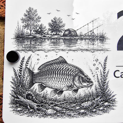 Close-up of personalised engraved acrylic carp fishing house sign showing intricate details of the lakeside fishing scene, carp and underwater artwork.