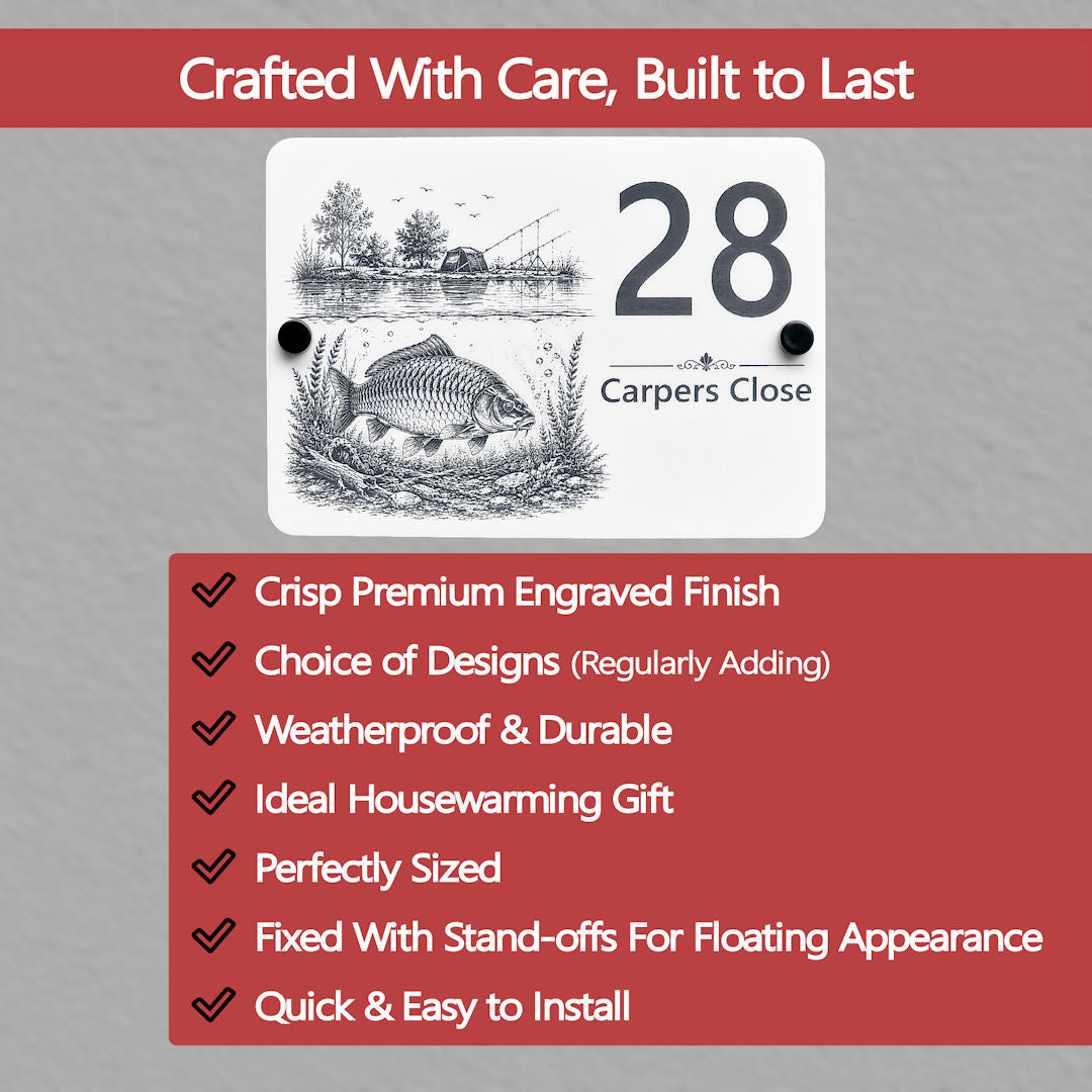 Personalised carp fishing acrylic house sign features guide highlighting laser engraving, weather-resistant finish and black standoff wall fixings.