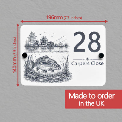Carp fishing acrylic house number sign size guide showing plaque dimensions of 196mm wide by 140mm high (7.7 x 5.5 inches). Copy