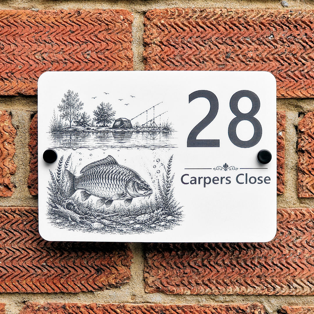 Personalised engraved acrylic carp fishing house number sign featuring a lakeside fishing scene and detailed carp artwork, mounted on a brick wall.