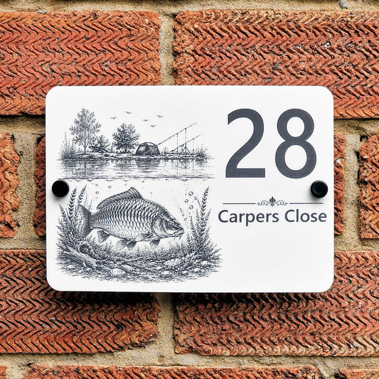Personalised engraved acrylic carp fishing house number sign featuring a lakeside fishing scene and detailed carp artwork, mounted on a brick wall.