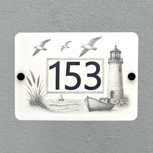 Coastal Lighthouse and Fishing Boat House Number Sign – Laser Engraved into White Acrylic