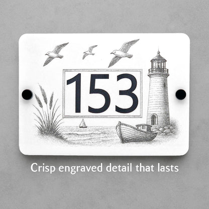 Coastal Lighthouse and Fishing Boat House Number Sign – Laser Engraved into White Acrylic