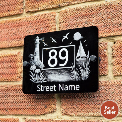 Personalised Engraved Acrylic Lighthouse House Number Sign - Product Image