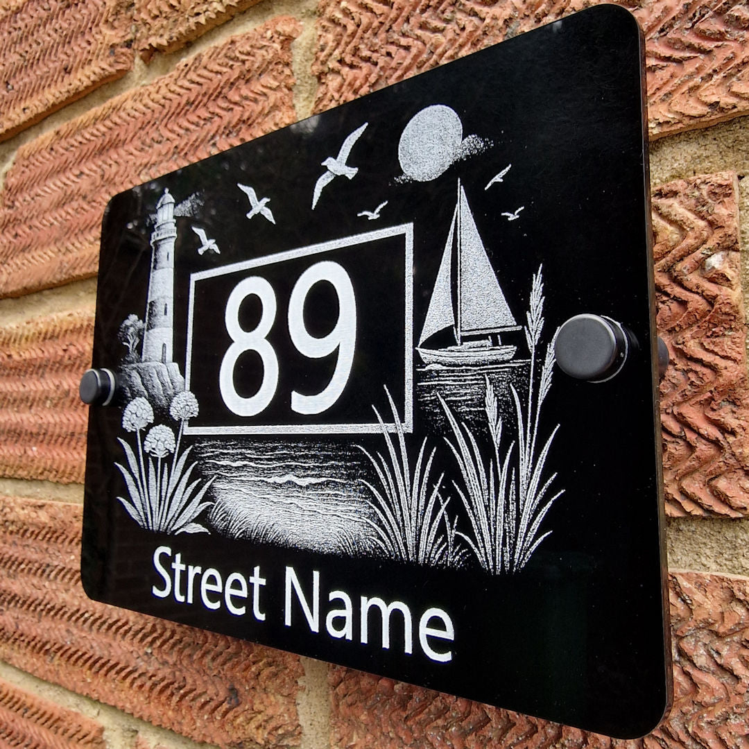 Decorative Coastal Lighthouse House Number Sign – Laser Engraved Black Acrylic Plaque
