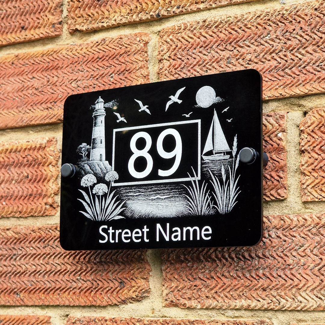 Decorative Coastal Lighthouse House Number Sign – Laser Engraved Black Acrylic Plaque
