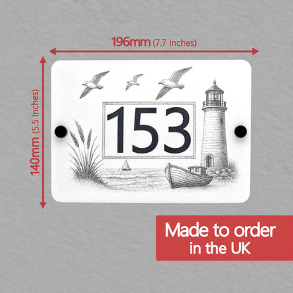 Decorative house number plate with lighthouse and boat design, showing dimensions and made-to-order text.