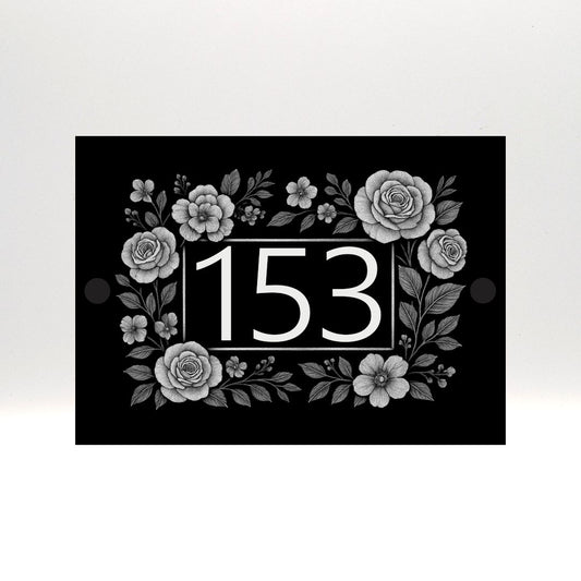 Engraved Elegant Floral Frame House Number Sign - Black Acrylic with Stand-Offs
