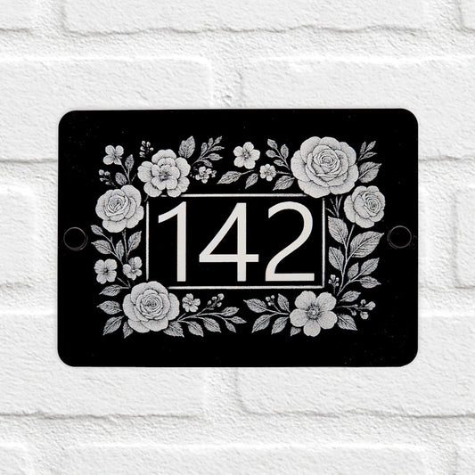 Engraved Elegant Floral Frame House Number Sign - Black Acrylic with Stand-Offs