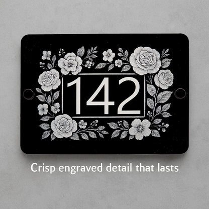Engraved Elegant Floral Frame House Number Sign - Black Acrylic with Stand-Offs
