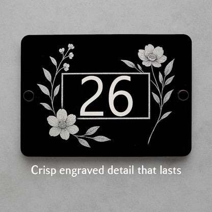 Engraved Elegant Floral House Number Sign with Side Blooms