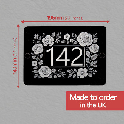 Floral side blooms design - house number sign and dimensions on a grey background