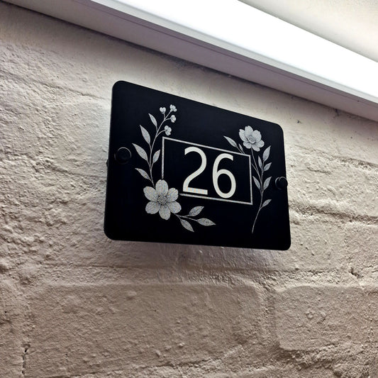 Engraved Elegant Floral House Number Sign with Side Blooms - Left Angle Picture
