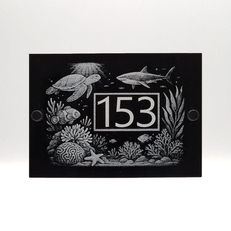 Engraved Great Barrier Reef Marine Life House Number Sign - Black Acrylic with Stand-Offs