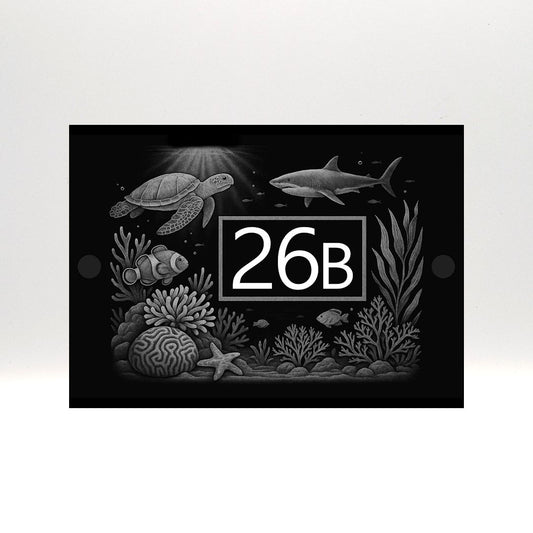 Engraved Great Barrier Reef Marine Life House Number Sign - Black Acrylic with Stand-Offs