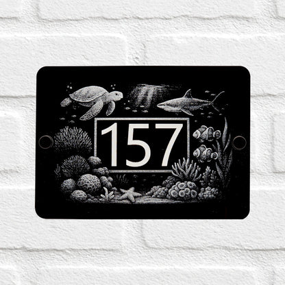 Engraved Great Barrier Reef Marine Life House Number Sign - Black Acrylic with Stand-Offs