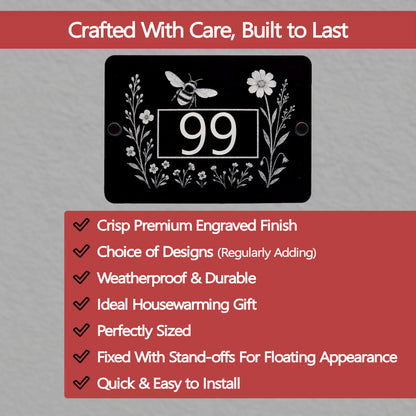 Decorative house number sign with bee and floral design on a grey background with text about product features.