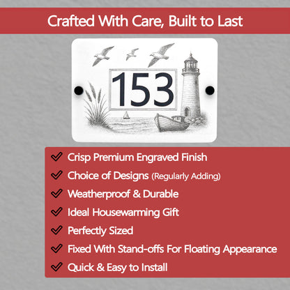 Product key features, lighthouse design and text about product features on a grey background.