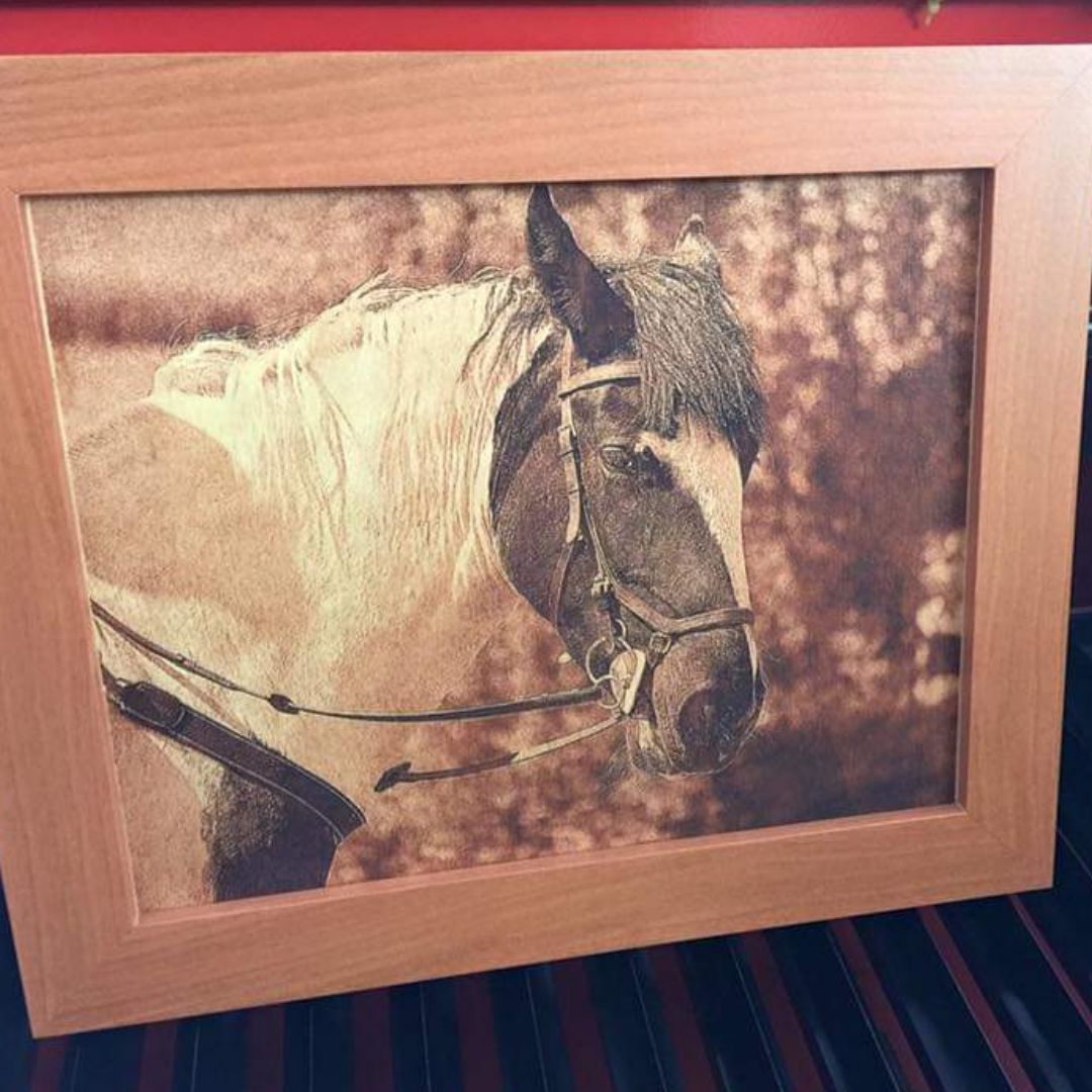 Personalised Laser Engraved Photo Engraved Into Wood of Horse