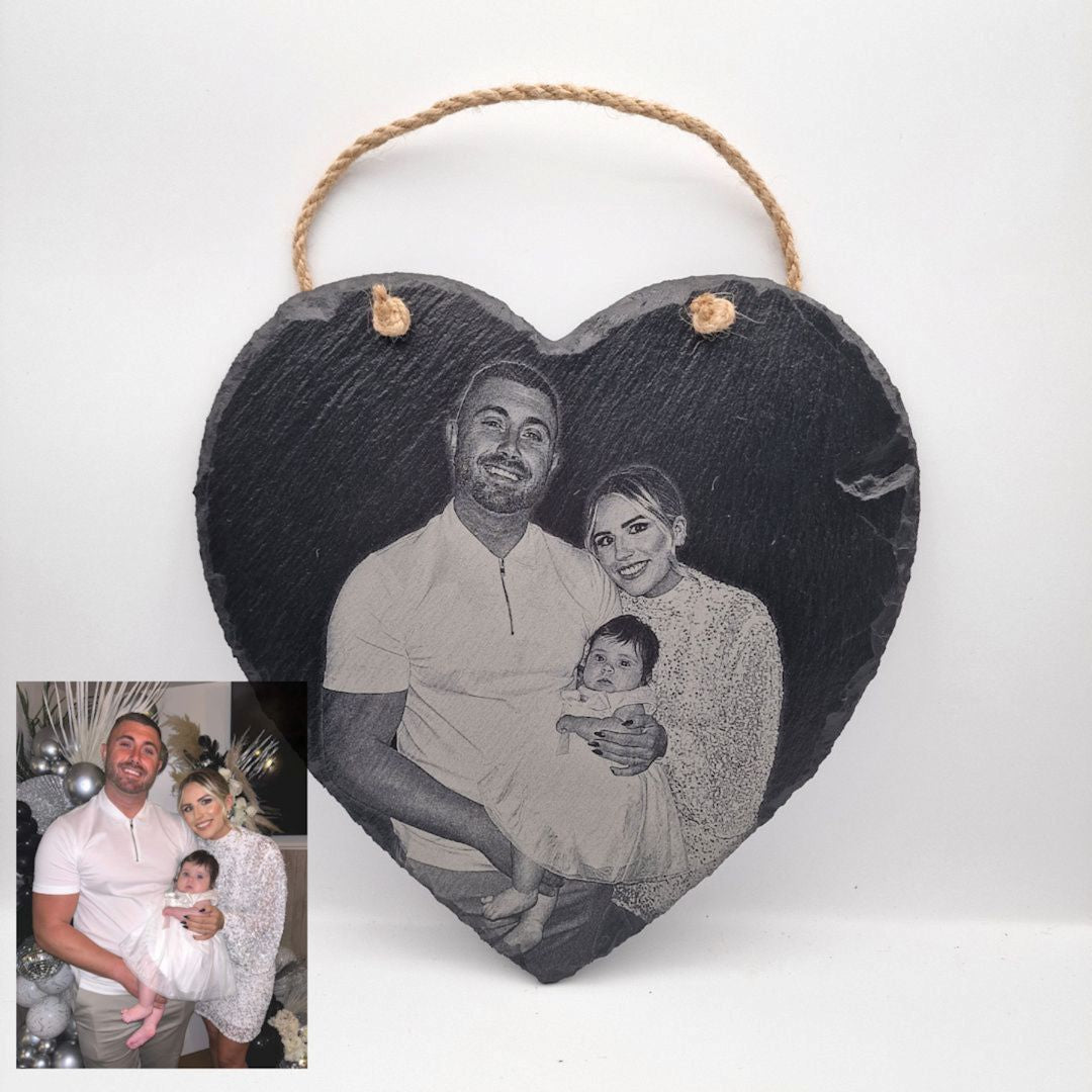 Personalised Laser Engraved Heart Shaped Slate - 24.5 x 24.5cm - Family Photo