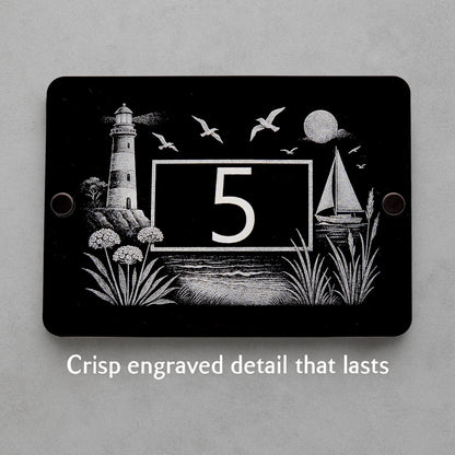 Engraved Coastal Scene House Number Sign with Lighthouse & Seaside Details – Black Acrylic with Stand-Offs