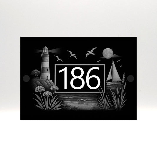 Engraved Coastal Scene House Number Sign with Lighthouse & Seaside Details – Black Acrylic with Stand-Offs