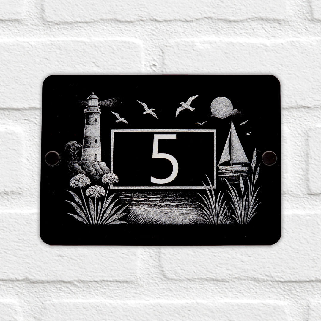 Engraved Coastal Scene House Number Sign with Lighthouse & Seaside Details – Black Acrylic with Stand-Offs