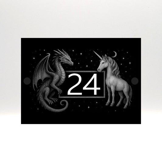Engraved Mythical Dragon & Unicorn House Number Sign - Black Acrylic with Stand-Offs