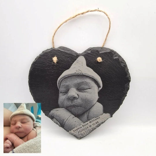 Personalised Laser Engraved Heart Shaped Slate - 15 x 15cm  - NEW BORN BABY Example 