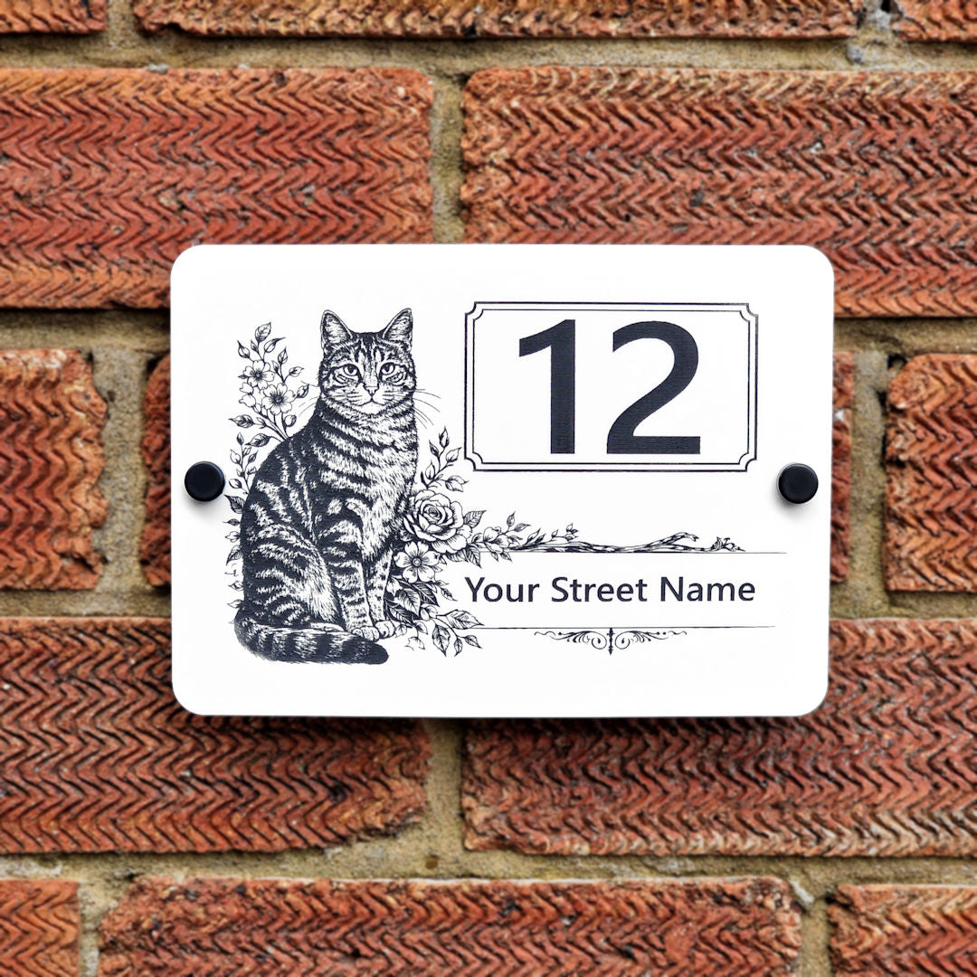 Personalised Engraved Acrylic Tabby Cat House Number Sign