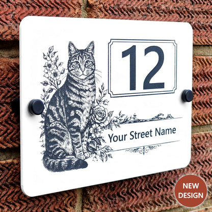 Personalised Engraved Acrylic Tabby Cat House Number Sign - Product Image
