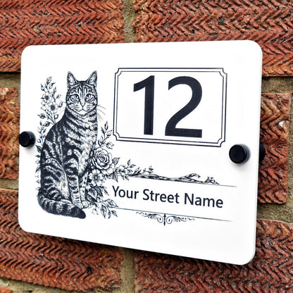 Personalised Engraved Acrylic Tabby Cat House Number Sign