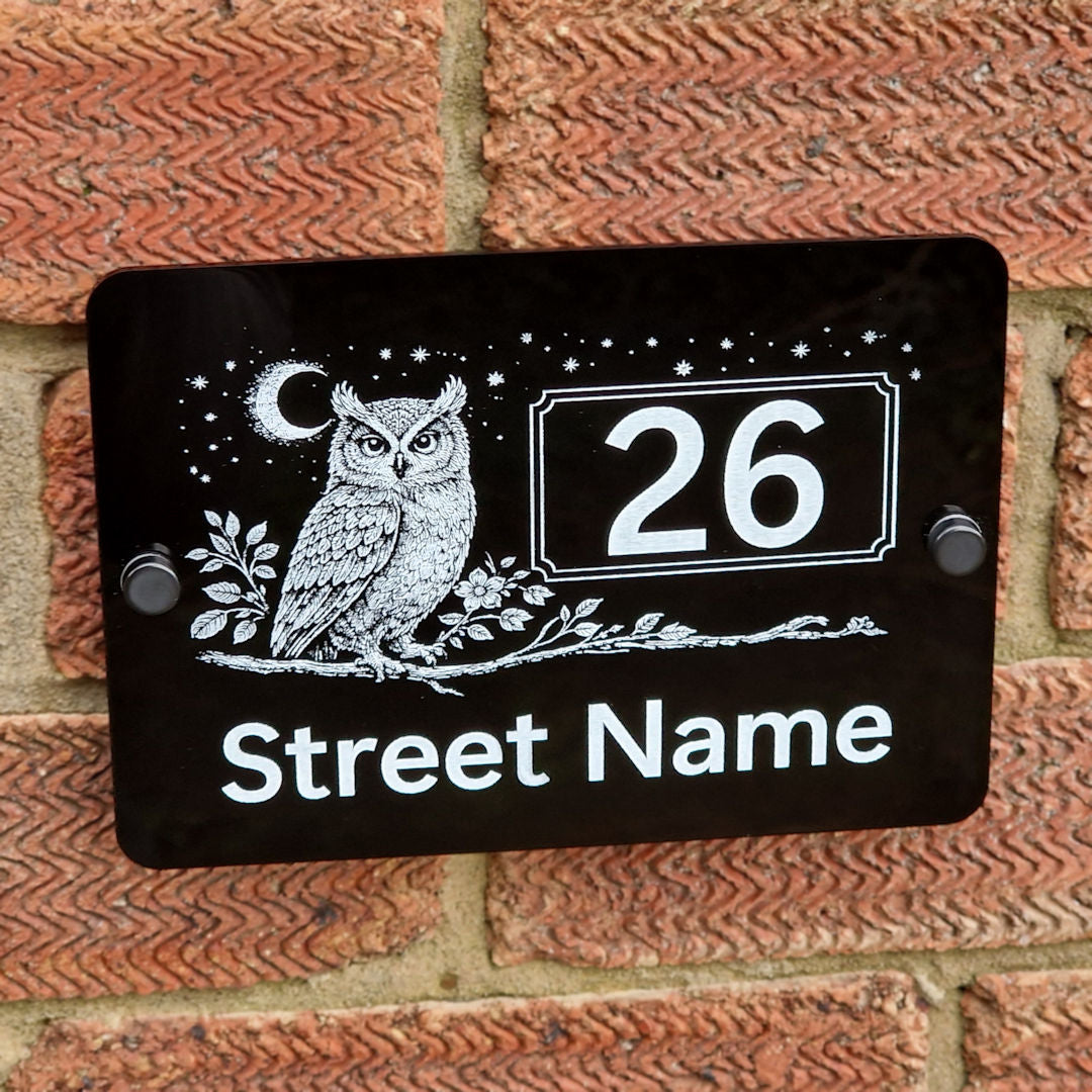 Personalised Engraved Acrylic Owl & Moon House Number Sign