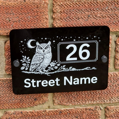 Personalised Engraved Acrylic Owl & Moon House Number Sign