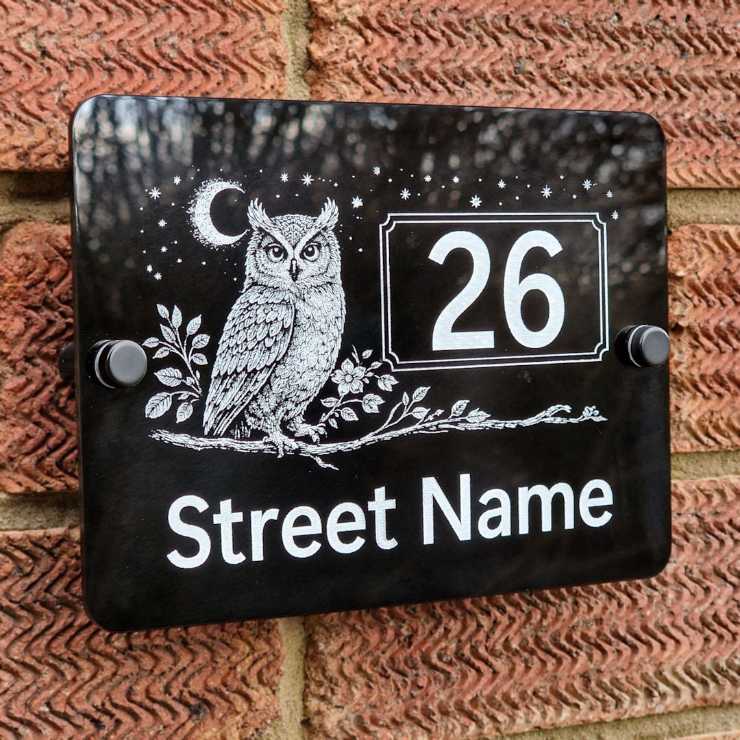 Personalised Engraved Acrylic Owl & Moon House Number Sign