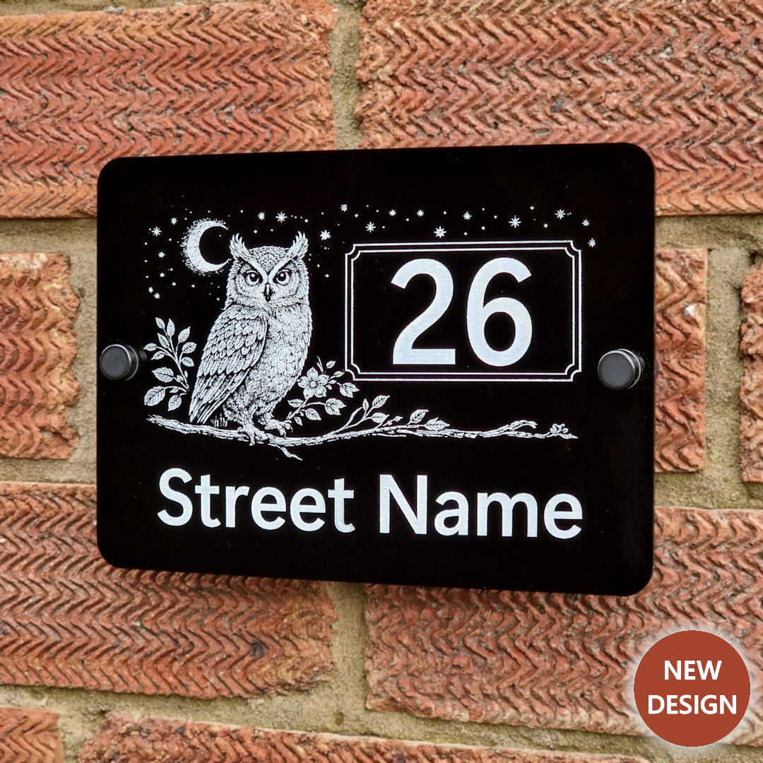 Personalised Engraved Acrylic Owl & Moon House Number Sign - Product Image