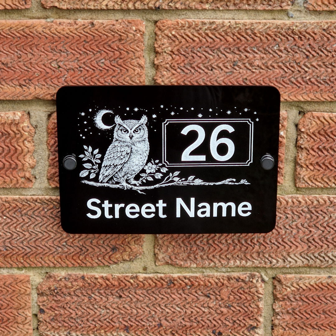 Personalised Engraved Acrylic Owl & Moon House Number Sign