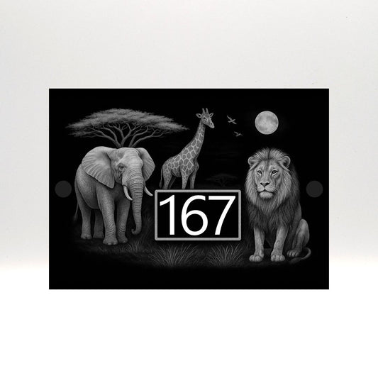 Engraved Safari Wildlife House Number Sign with Lion, Elephant & Giraffe - Black Acrylic with Stand-Offs