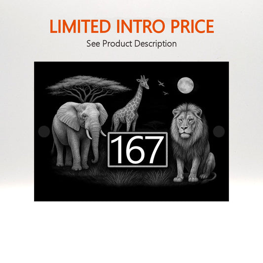 Engraved Safari Wildlife House Number Sign with Lion, Elephant & Giraffe - Black Acrylic with Stand-Offs
