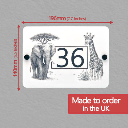 Decorative number plate with elephant, giraffe, and tree design, showing dimensions and 'Made to order in the UK' text.
