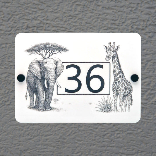 Safari Elephant and Giraffe House Number Sign – Laser Engraved Door Sign in White Acrylic - Fixed to Grey Rendered House