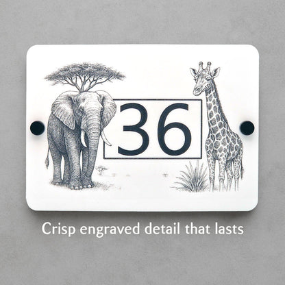 Safari Elephant and Giraffe House Number Sign – Laser Engraved Door Sign in White Acrylic - Fixed to Grey Rendered House