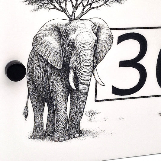 Safari Elephant and Giraffe House Number Sign – Laser Engraved Door Sign in White Acrylic - Close up of elephant