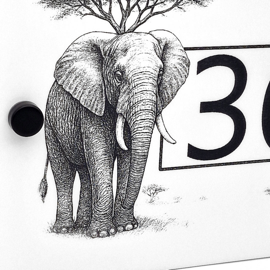 Safari Elephant and Giraffe House Number Sign – Laser Engraved Door Sign in White Acrylic - Close up of elephant