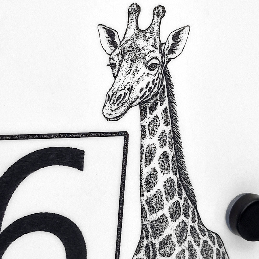 Safari Elephant and Giraffe House Number Sign – Laser Engraved Door Sign in White Acrylic - Close up of giraffe