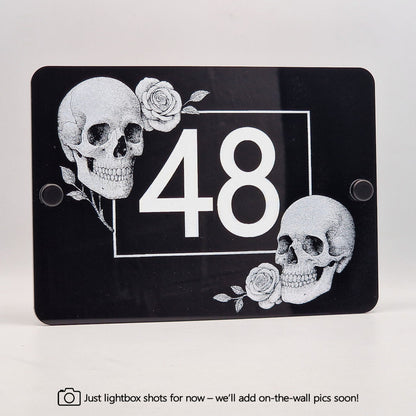 Personalised Engraved Acrylic Skulls and Roses House Number Sign