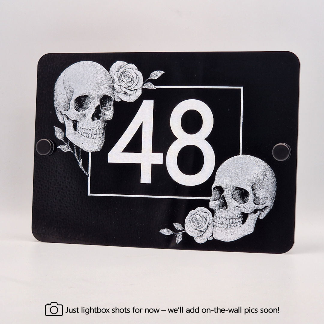 Decorative Skulls and Roses House Number Sign | Engraved Black Acrylic Plaque | Personalised Gothic Home Decor